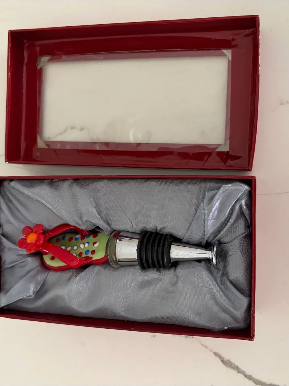 Glass Flip-Flop Wine Stopper with Red Flower Accent